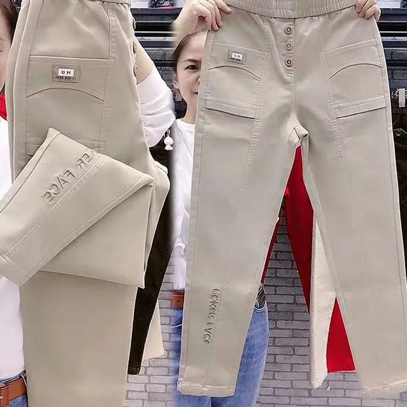 Women's High-Waist Elastic Denim Harem Pants Solid Colour Casual Trousers Spring Summer Fashion Simplicity Ankle-Length Polyester