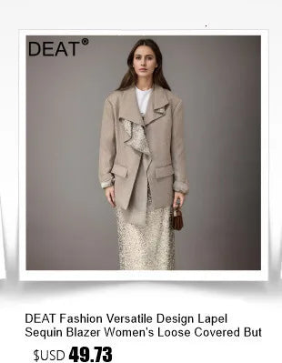 DEAT Women's V-neck Blazer Loose Fit Long Sleeve Printed Rivet Pearl Detailing Autumn Fashion Suit Jacket MIDDLE AGE Size