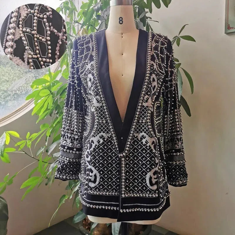 DEAT Women's V-neck Blazer Loose Fit Long Sleeve Printed Rivet Pearl Detailing Autumn Fashion Suit Jacket MIDDLE AGE Size