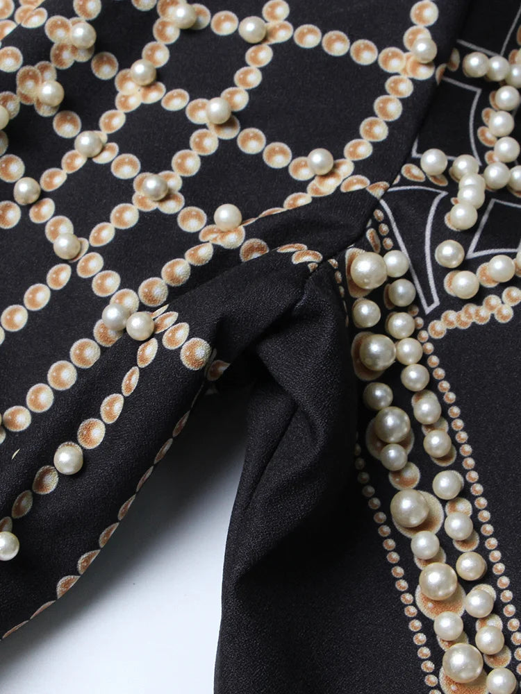 DEAT Women's V-neck Blazer Loose Fit Long Sleeve Printed Rivet Pearl Detailing Autumn Fashion Suit Jacket MIDDLE AGE Size