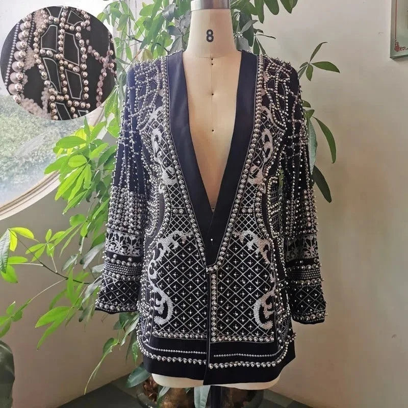 DEAT Women's V-neck Blazer Loose Fit Long Sleeve Printed Rivet Pearl Detailing Autumn Fashion Suit Jacket MIDDLE AGE Size
