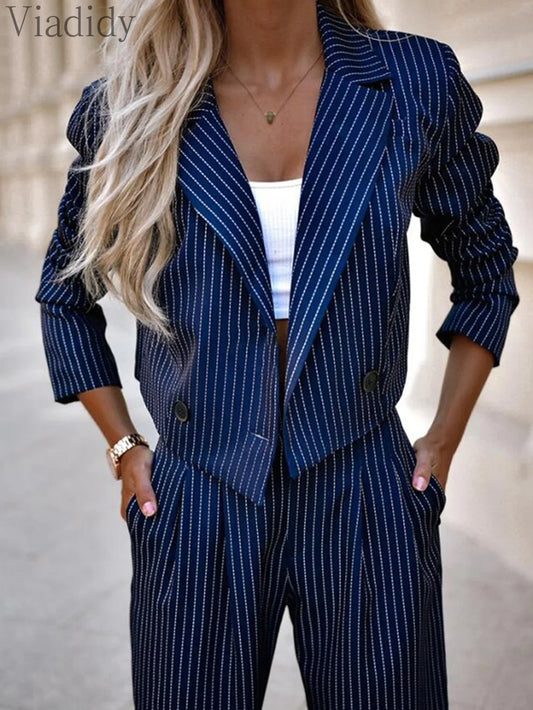 Women's Elegant Striped Blazer Coat & High Waist Wide Leg Pants 2pcs Set Long Sleeve Button Decor Office Lady Suit