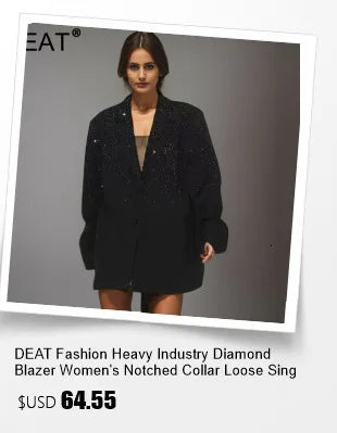 DEAT Women's V-neck Blazer Loose Fit Long Sleeve Printed Rivet Pearl Detailing Autumn Fashion Suit Jacket MIDDLE AGE Size
